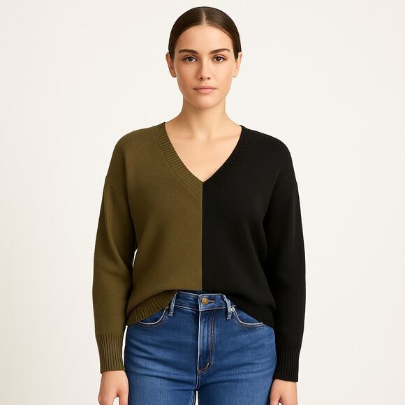 Sweet Romeo Women’s Colorblock V-Neck Pullover Sweater Black Green Size Small - Picture 1 of 14